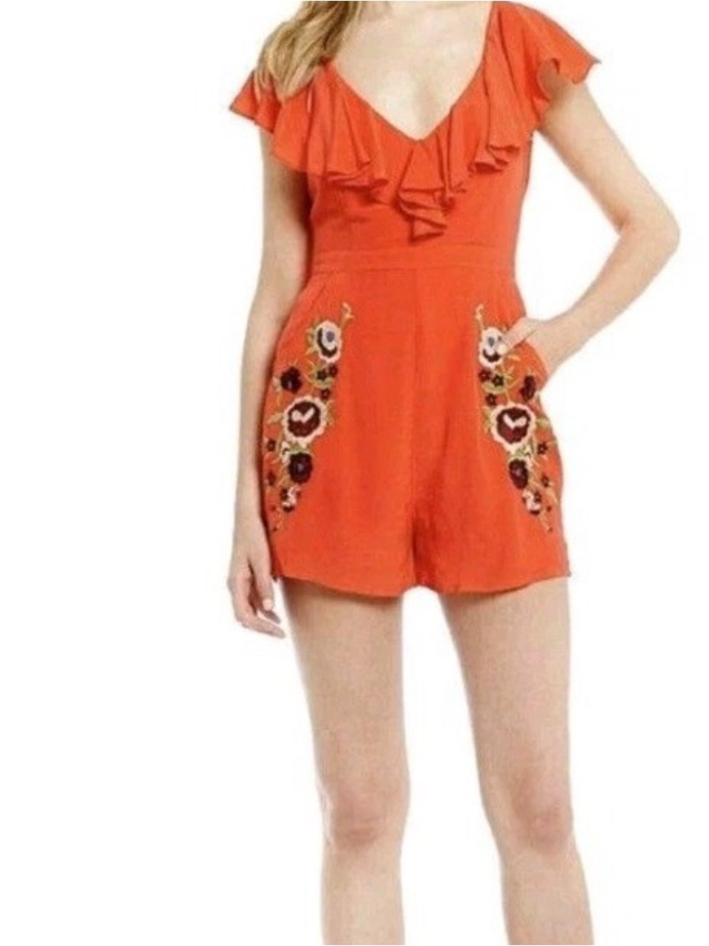NWT Chelsea & Violet | Red Coral Embroidered Pockets Shorts Romper M